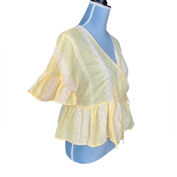 Zara Ruffled Sleeve Embroidered Peasant Wrap Top Yellow Size Medium - Picture 4 of 13